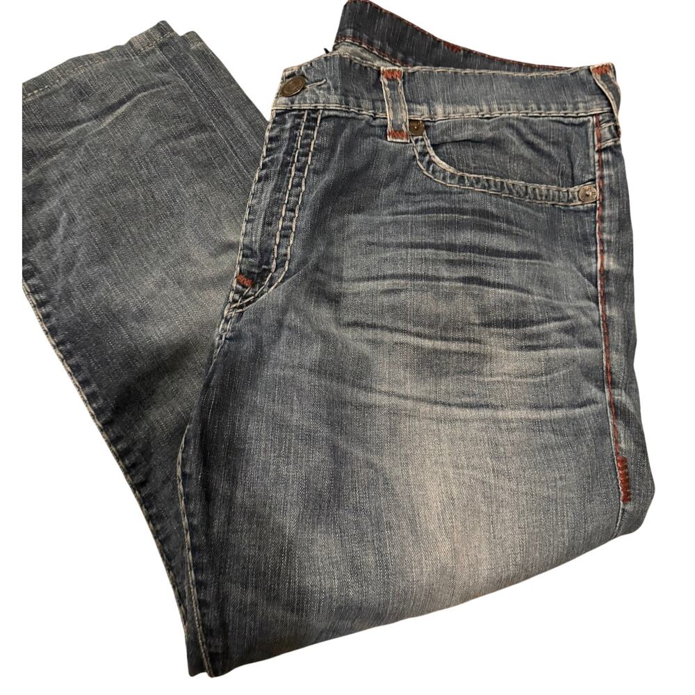 Relaxed Slim Men's Jeans Flap Pocket Stretch White Stitch Denim One Size